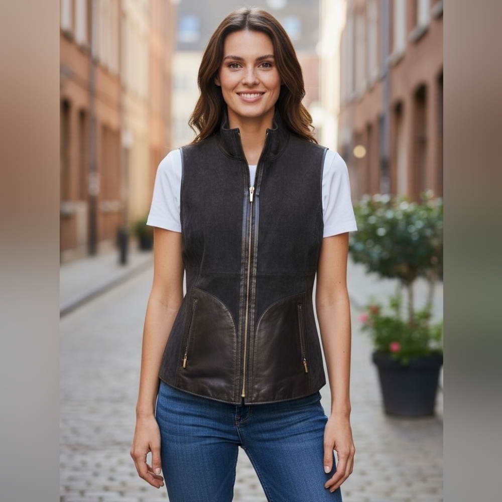 Women's Black Real Suede And Leather Reversible To Fur Mob Wife Vest